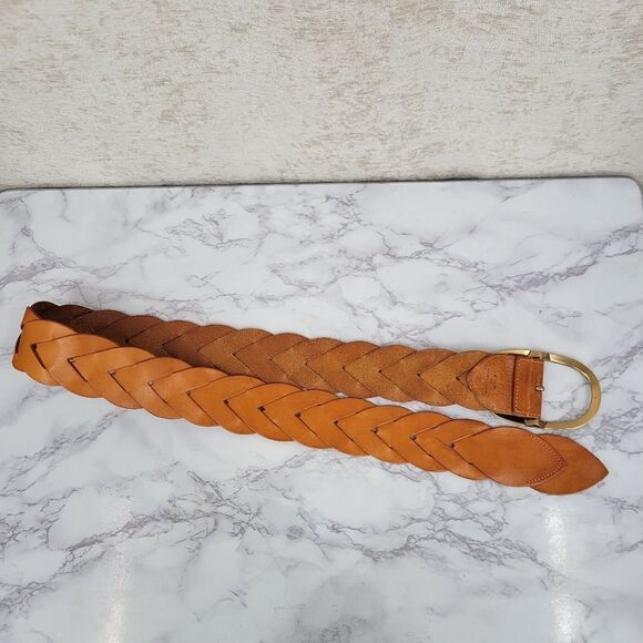 Miss Me Braided Woven Orangey Tan Leather Belt with Large Gold Toned Oval Buckle main image 9